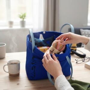 Blauwe projecttas met schattig oma-motief – ideaal voor brei- en haakprojecten