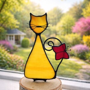 Gemberkleurige kat met houten standaard | Glas-in-lood | Handgemaakt | Tiffany technique