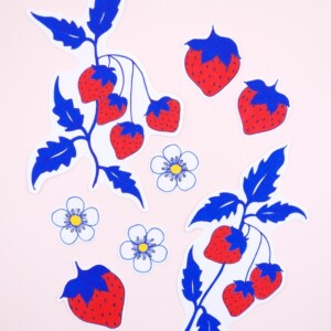 Hand getekende Sticker set, Aardbeien, Blaadjes en Bloemen, Blauw Rood