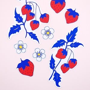 Hand getekende Sticker set, Aardbeien, Blaadjes en Bloemen, Blauw Rood