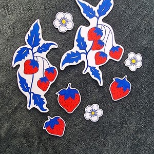 Hand getekende Sticker set, Aardbeien, Blaadjes en Bloemen, Blauw Rood