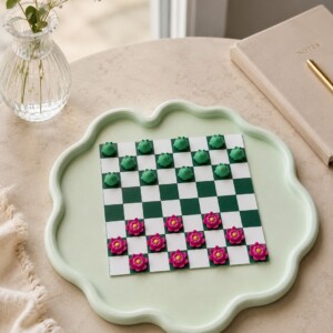 Handgemaakte Kikker & Lotus Dambord Set – Decoratief Verzamelitem