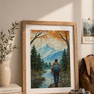 Handgeschilderd kunstwerk op kaart – Into the Forest – landschap met wandelaar, ingelijst (23 x 33 cm)
