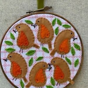 Leuke wandhanger met 6 roodborstjes