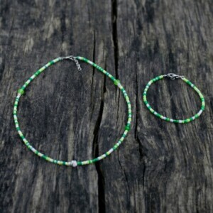 Set choker en armband rocailles blauw/geel/groen/wit/roze