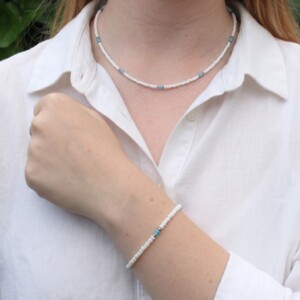 Set choker en armband rocailles wit/blauw/rosegold