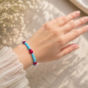 Blauwe en rode glass armband/oorbellen set