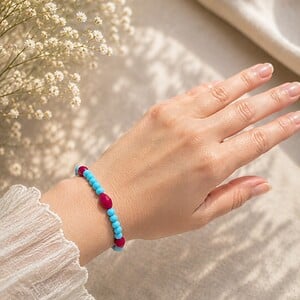 Blauwe en rode glass armband/oorbellen set