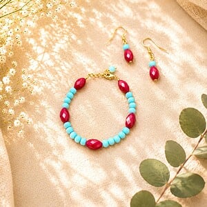 Blauwe en rode glass armband/oorbellen set