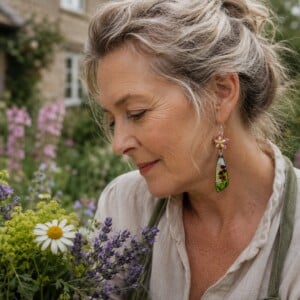 Bloementuin & Zomerbries, cottagecore oorbellen met emaille bedels en geweven bloemetjes