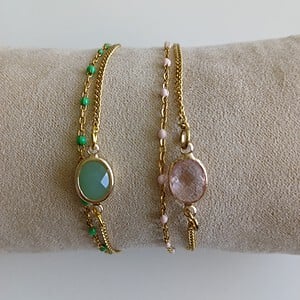 Dubbele Schakelarmband Goudkleurig met Roze of Groene Details – Verstelbare Damesarmband met Bedel