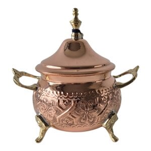 Hand-Hammered Moroccan Copper Sugar Bowl – Brass Handle – Footed Artisan Bowl – Traditional Tea Set Decor – Boho Kitchen Gift.