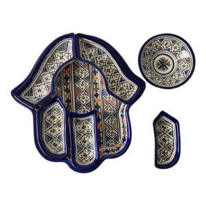 Handcrafted Khamsa Appetizer Plate, Moroccan Ceramic Hand Painted Serving Dish, Ceramic Dip Set, Boho Kitchen Decor, Unique Gift