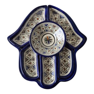 Handcrafted Khamsa Appetizer Plate, Moroccan Ceramic Hand Painted Serving Dish, Ceramic Dip Set, Boho Kitchen Decor, Unique Gift