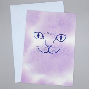 Handgemaakte Kaart Print, Katten Gezicht, Lila Paars Goud Glitter