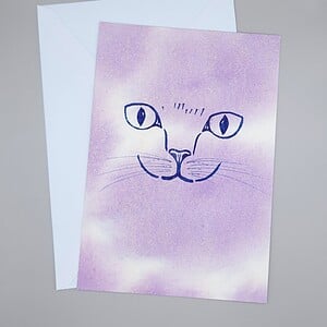 Handgemaakte Kaart Print, Katten Gezicht, Lila Paars Goud Glitter