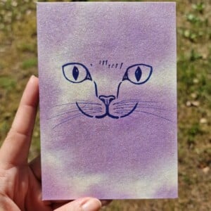 Handgemaakte Kaart Print, Katten Gezicht, Lila Paars Goud Glitter