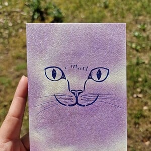 Handgemaakte Kaart Print, Katten Gezicht, Lila Paars Goud Glitter