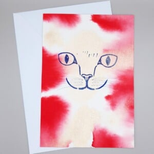 Handgemaakte Kaart Print, Katten Gezicht, Rood Goud Glitter