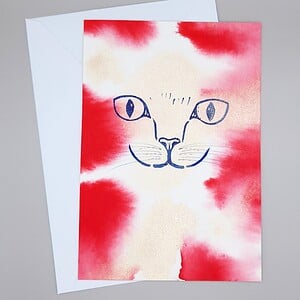 Handgemaakte Kaart Print, Katten Gezicht, Rood Goud Glitter