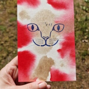 Handgemaakte Kaart Print, Katten Gezicht, Rood Goud Glitter