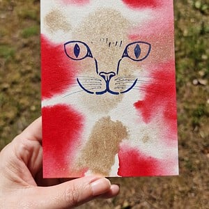 Handgemaakte Kaart Print, Katten Gezicht, Rood Goud Glitter