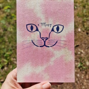 Handgemaakte Kaart Print, Katten Gezicht, Roze Goud Glitter