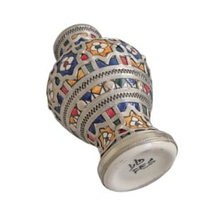 Handmade Fes Ceramic Vase, Moroccan Hand Painted Geometric Floral Design, Unique Artisan Inlaid Maillechort Fez Vase, Boho Home Decor-Nickel