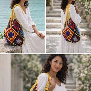 Handmade Granny Square Bag, Colorful Crochet Shoulder Bag, Boho Tote Bag, Statement Handbag, Everyday Shopper, Crochet Gift for Her
