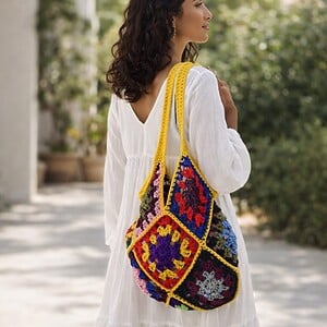 Handmade Granny Square Bag, Colorful Crochet Shoulder Bag, Boho Tote Bag, Statement Handbag, Everyday Shopper, Crochet Gift for Her