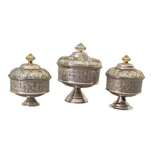 Handmade Moroccan Candy Bowl Set of 3-Silver metal and crystal glass lid with gold knob-Engraved base Bonbonniere -Luxury vintage gift .