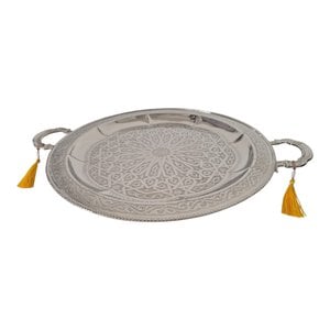 Large Vintage Moroccan Tray Silver Plated Brass, Footed with Handles, Geometric Design 1950s, Unique Antique Boho Home Decor Gift.