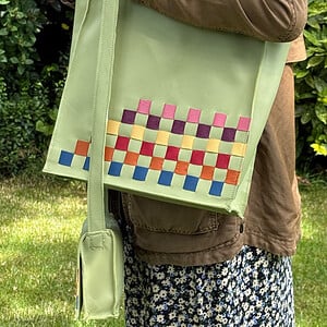 Lederen vlechtwerk-tas Pistache, groot
