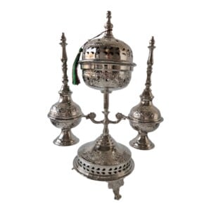 Moroccan Ritual Set 2 Handcrafted Brass Mricha Rose Water Sprinklers, Silver Fez Bakhoor Burner, Traditional Bakhoor, Unique Spiritual Gift