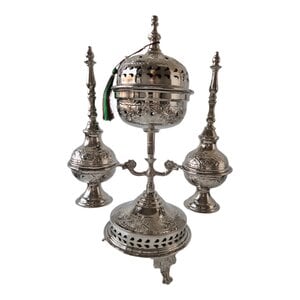 Moroccan Ritual Set 2 Handcrafted Brass Mricha Rose Water Sprinklers, Silver Fez Bakhoor Burner, Traditional Bakhoor, Unique Spiritual Gift