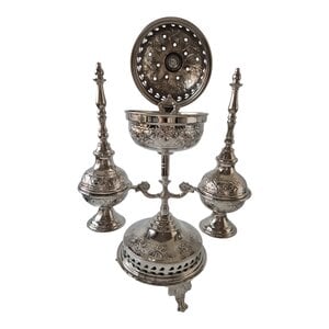 Moroccan Ritual Set 2 Handcrafted Brass Mricha Rose Water Sprinklers, Silver Fez Bakhoor Burner, Traditional Bakhoor, Unique Spiritual Gift
