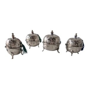 Set of 4 Handmade Moroccan Sugar Bowls with Lid – Silver Plated Brass – Andalusian Tea Container – Vintage Decor.