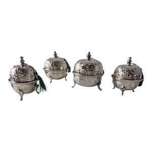 Set of 4 Handmade Moroccan Sugar Bowls with Lid – Silver Plated Brass – Andalusian Tea Container – Vintage Decor.