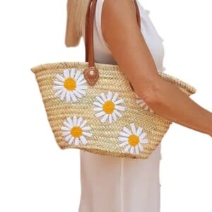 Straw Beach Bag with Pom Poms, Handmade French Market Tote, Boho Woven Basket Bag, Summer Beach Tote, Unique Gift for Her