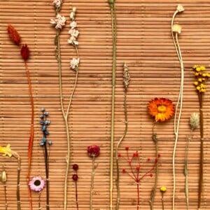 Wandhanger gemaakt op naturel bamboematje met gedroogde bloemen - Botanische Bamboe Kunst - Boho Natuurlijk - Geperste Bloemen