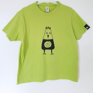 Hand bedrukt appeltjes groen katoenen kinder t-shirt, zwarte kraaivogel design, kids, 6 jaar