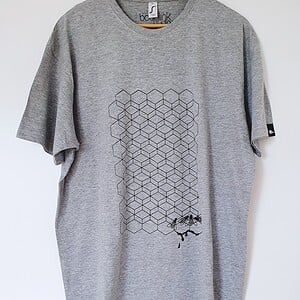 Hand bedrukt grijs katoenen-viscose t-shirt, zwart bijenkorf design, men's, medium