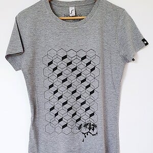 Hand bedrukt grijs katoenen-viscose t-shirt, zwart bijenkorf design, women's, large