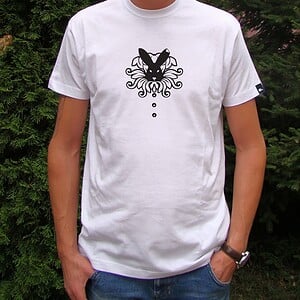 Hand bedrukt wit katoen t-shirt, zwart konijn en bloem design, men's, large