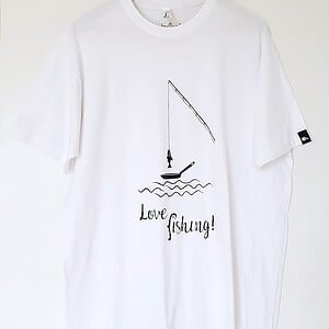 Hand bedrukt, wit katoenen t-shirt, grappig vissen design, "Love Fishing", men's, extra extra large