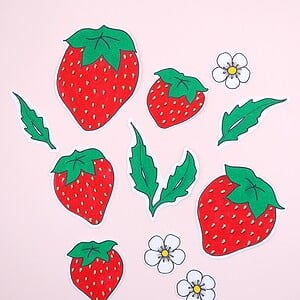 Hand getekende Sticker set, Aardbeien, Blaadjes en Bloemen, Groen Rood