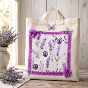 Handgemaakte shopper 'Lavendeldroom' – lavendel, vlinders en kant