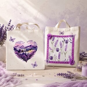Handgemaakte shopper 'Lavendeldroom' – lavendel, vlinders en kant