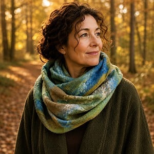 Handgevilte colsjaal van merinowol en zijde – Groen & Blauw
