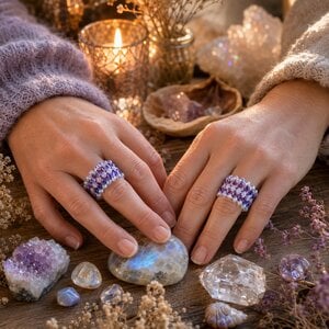 Mystiek & Maanlicht, kralenring met paarse accenten